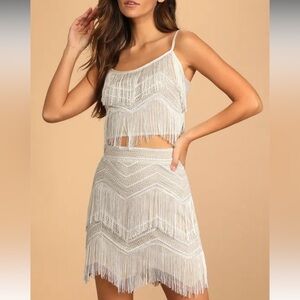 Lulu’s Soiree of the Decade White Sequin Fringe Two-Piece
Set